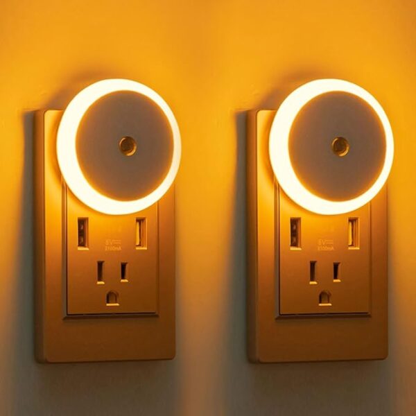 IBAMA LED Night Light 2 Pack Dusk to Dawn Sensor Smart Nightlight Wall Plug for Kids Room Bathroom Bedroom Home Kitchen Hallway Stairway Energy Efficient Round Shape Baby Night Light Warm White