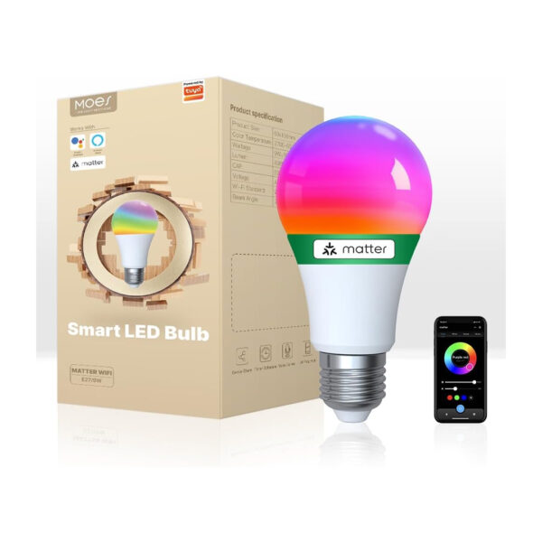 MOES Smart LED Bulb, E27 Base, RGBW Color Changing 2700K-6500K, 470 Lumens, 9W, Matter Standard Compatible, 2.4GHz WiFi Connectivity, Works with Alexa/Google Home/Apple Home (1P)